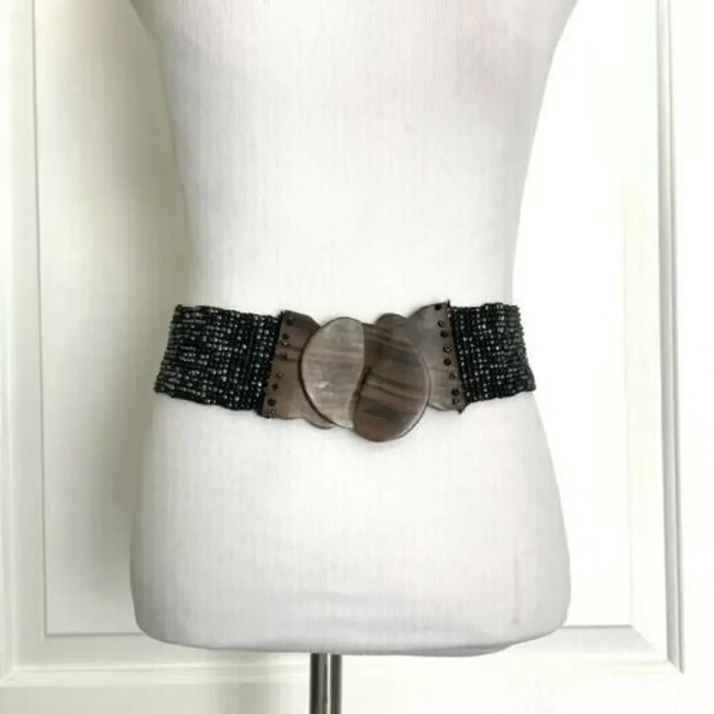 Los Angeles Boutique Beaded Stretch Belt Wood HANDMADE Black Bali Fashion Chic